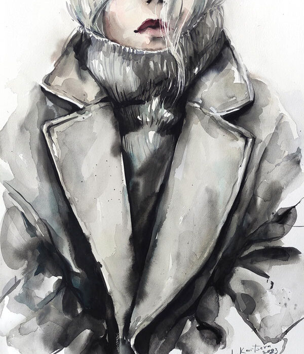 The girl in the coat watercolor painting