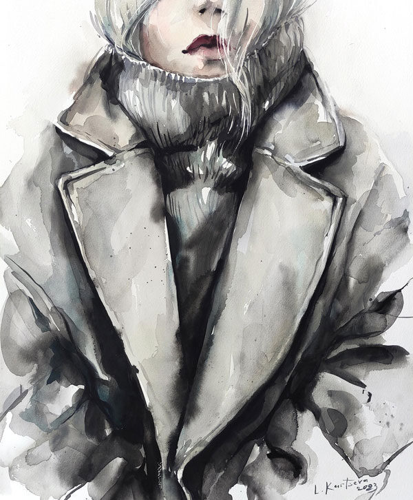 The girl in the coat watercolor painting